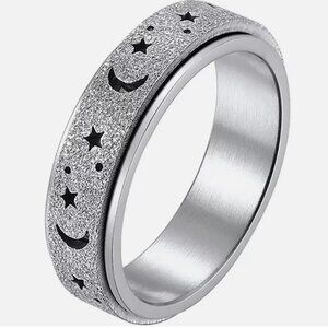 Size 8 Silver Women Rotatable Moon Star Sun Stainless Steel Ring Boho Jewelry
